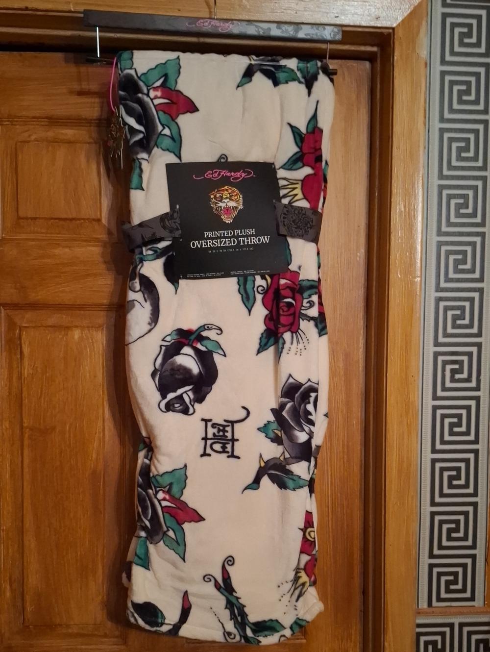 Ed Hardy Cream Plush Throw with Black, Red and Green Tattoo Roses